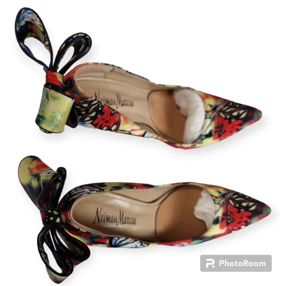 Neiman Marcus Multicolor Butterfly Print Bow Accent Pumps - Picture 8 of 16